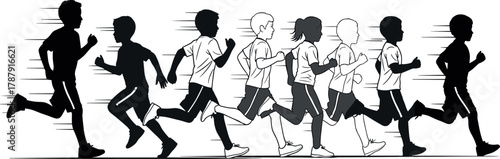 Running Group Line Art – Stylized Black-and-White Athletes in Motion
