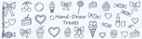 Hand Drawn Treats Collection A Delightful Set of Sweets Cakes Hearts Ice Cream Cherries Bows and Candies in Sketch Style