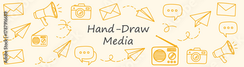 Media Outline Icons Vector Set Featuring Envelope Camera Megaphone Radio Speech Bubble and Paper Airplane Designs