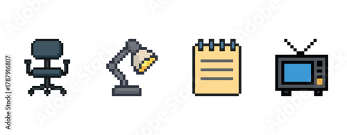 Pixel art office icons: chair, lamp, notepad, and television on white background