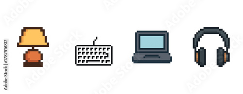 Pixel art objects: lamp, keyboard, laptop, headphones in 8-bit style