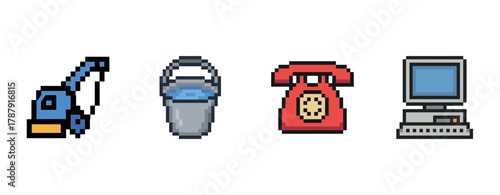 Retro pixel art: vacuum, bucket, vintage phone, old computer icons