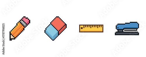 Pixel art school supplies: pencil, eraser, ruler, stapler