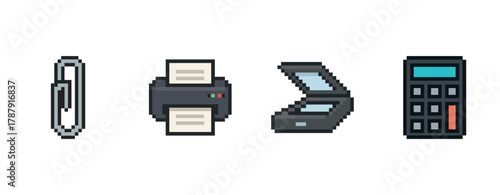 Pixel art office supplies: paperclip, printer, scanner, calculator icons