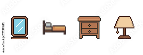 Pixel art furniture set: mirror, bed, nightstand, and lamp illustration