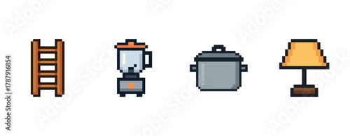 Pixel art home items: wooden ladder, blender, cooking pot, table lamp