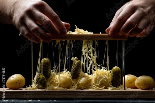 Hands delicately balancing shredded cheese above a wooden board with potatoes and pickles in an artistic display of culinary creativity highlighting textures and contrasting colors