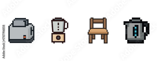 Pixel art appliances and furniture: toaster, blender, chair, kettle on white background