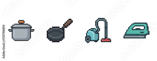 Pixel art kitchen and household appliances: pot, pan, vacuum, iron