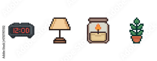 Pixel art icons: alarm clock, lamp, candle jar, potted plant in 8-bit style