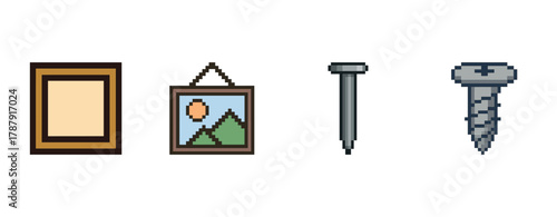 Pixel art frame and tools: nail, screw, picture frame, blank frame