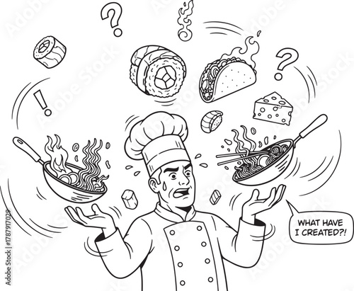 Cartoon Chef Juggling Different Types of Food Sushi Taco Cheese and Wok Pan Noodles