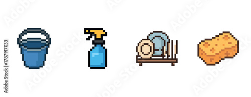 Pixel art cleaning icons: bucket, spray bottle, dish rack, sponge on white background