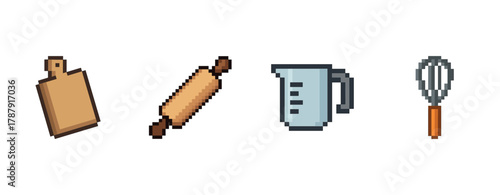Pixel art kitchen utensils: cutting board, rolling pin, measuring cup, whisk