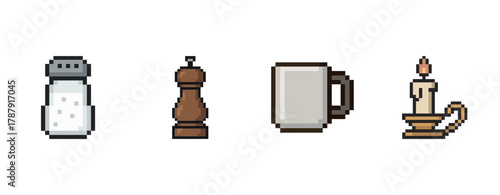 Pixel art objects: salt shaker, pepper grinder, mug, candle holder