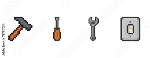 Pixel art tools and light switch: hammer, screwdriver, wrench