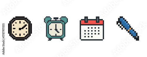 Pixel art of clock, alarm clock, calendar, and pen icons on white background
