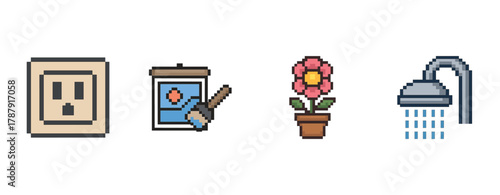 Pixel art icons: outlet, frame, flower pot, shower head