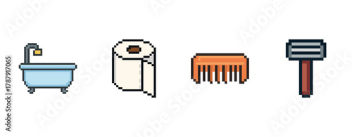 Pixel art bathroom set: bathtub, toilet paper, comb, razor on white background