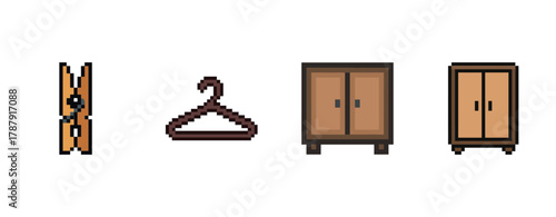 Pixel art of clothes peg, hanger, cabinet, and wardrobe on white background