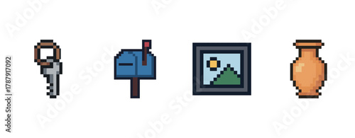 Pixel art collection: saw, mailbox, landscape painting, vase icons on white background