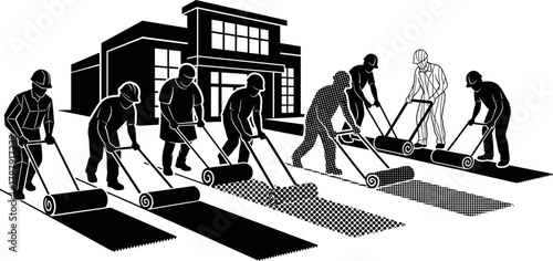 "Construction Workers Laying Textured Pavement – Stylized Illustration with Modern Building Background"