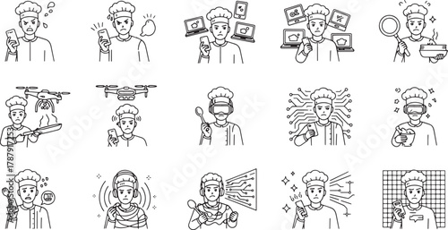 Chef cooking and using modern technology experiencing diverse problems in culinary arts