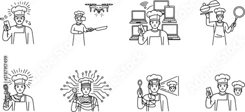Chef expressing different emotions and exploring new technology in digital age era