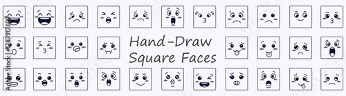 Hand drawn Kawaii Square Faces Cute Anime Expressions Emoji Style Collection Manga Characters Doodle Style Design Line