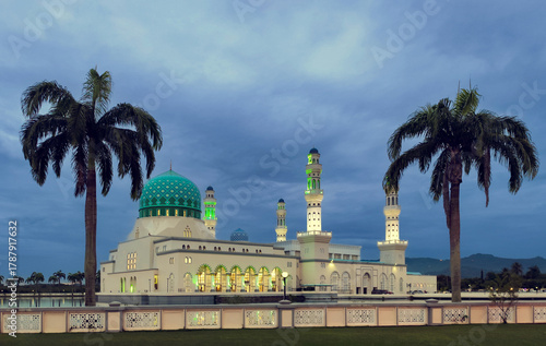 Evening view of Masjid Bandaraya Kota Kinabalu, a famous landmark and tourist attraction in Borneo