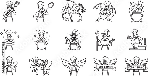 Chef stands with serious face and poses with big spoon on shoulders vector artwork