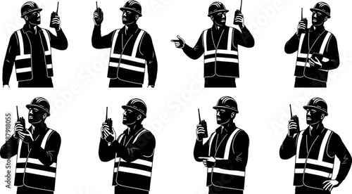 Construction workers with walkie-talkies silhouette set, communication and coordination illustration, safety and teamwork concept, vector industrial scene, black icon design