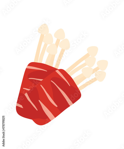 Cartoon Enoki beef rolls  icon for suki and bbq ingredient in cartoon vector illustration