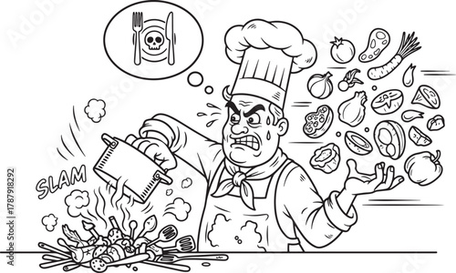 Chef throws pan with food and utensils around with skull food in thought bubble
