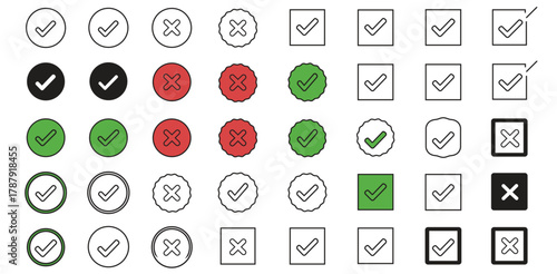 Checks Crosses Icon Set Validation Symbols Tick Marks Approval Graphics Circle Square Detailed Icon Collection for UI
