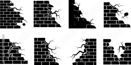 Damaged brick wall silhouettes, cracked structure vector, broken masonry illustration, black and white design, construction failure concept, architectural damage icons, debris pattern set