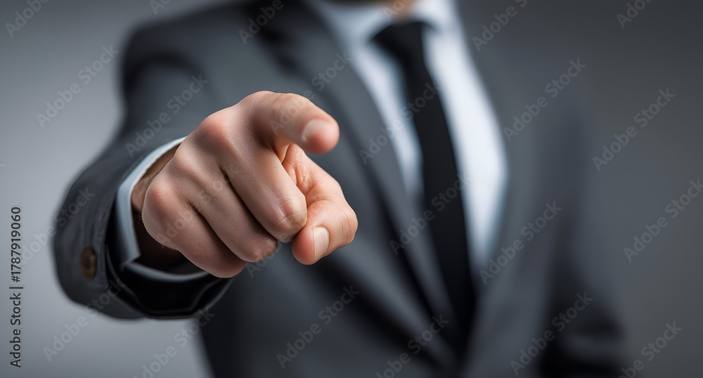 Fototapeta premium Confident businessman pointing forward, representing leadership and decision-making in a professional environment.