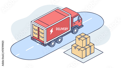 Isometric top view of a red delivery truck, carrying goods with a focus on its streamlined shape and load capacity.