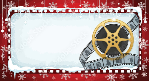 Festive winter holidays movie time backdrop with snowflakes and film reel, perfect for seasonal promotions and movie announcements on a snowy red background