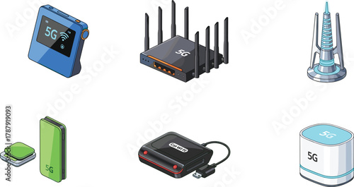 5G router, mobile hotspot, smart hub, cell tower, USB dongle, smartphone, wireless device, network adapter, signal booster, vector icon