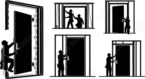 Door installation process silhouette set, cartoon workers positioning and inspecting door frame illustration, vector carpentry and construction concept, black and white graphic
