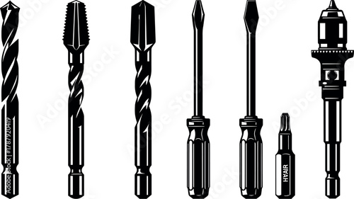 Drill and driver tool icon set, cartoon mechanical bit and screwdriver illustration, vector DIY and construction concept, black and white graphic