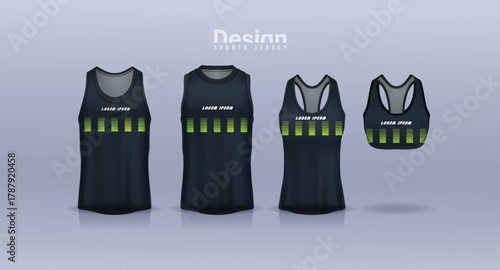 Set of black tank tops for men and women on gray background