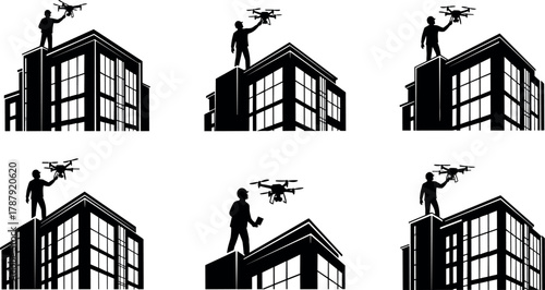 Drone operator rooftop silhouette, urban technology interaction, black and white vector, modern building scene, aerial control concept, remote flying illustration, tech lifestyle icon