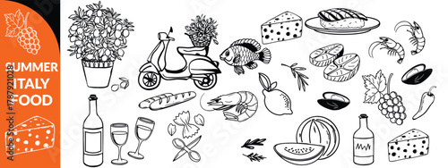 Summer Italy food print, hand drawn travel Mediterranean icon set Italian vintage vacation emblem. Traditional cuisine elements, Amalfi lemon silhouette wine glass bottle. Italy summer coastal big set