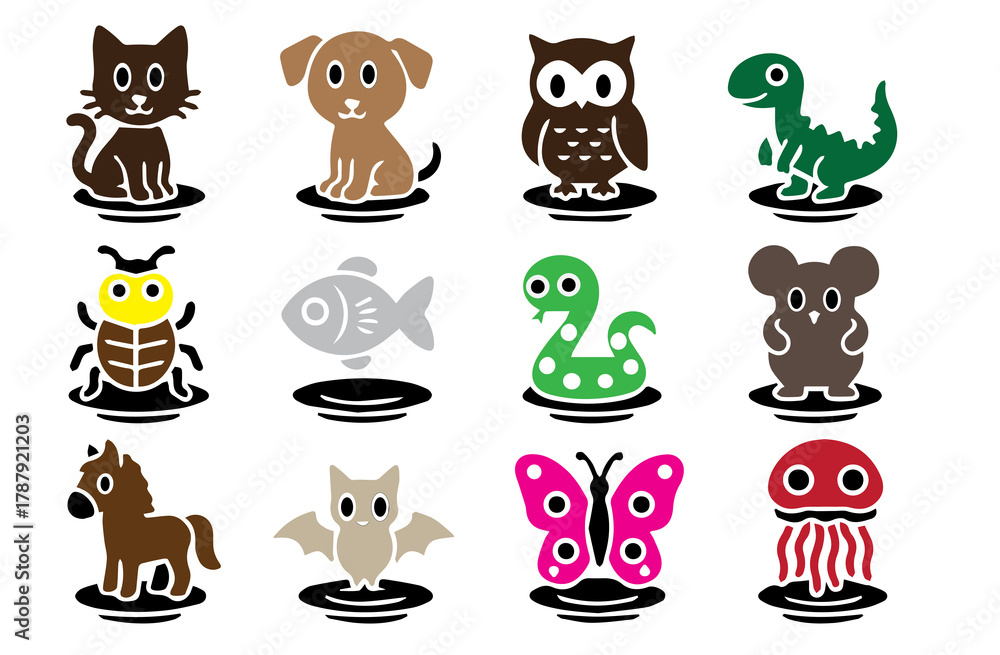Obraz premium Cute Cartoon Animal Vector Icon Set | Kids, Pet, Wildlife, and Marine Life Illustrations Collection