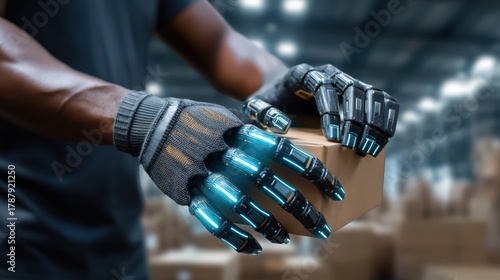 Futuristic robotic hands gripping a textured cardboard box in a sophisticated warehouse environment reflecting innovation in automation and artificial intelligence