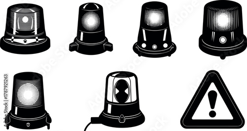 Emergency light and warning icon set, black and white safety symbol illustration, alert and caution concept, vector emergency vehicle design, hazard graphic