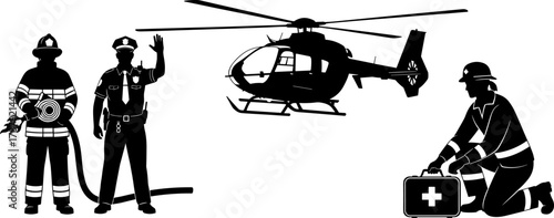 Emergency response team silhouettes, firefighter with hose, police officer, rescue helicopter, medical worker with first aid kit, safety teamwork, disaster preparedness illustration