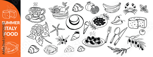 Summer Italy food print, hand drawn travel Mediterranean icon set Italian vintage vacation emblem. Traditional cuisine elements, Amalfi lemon silhouette wine glass bottle. Italy summer coastal big set